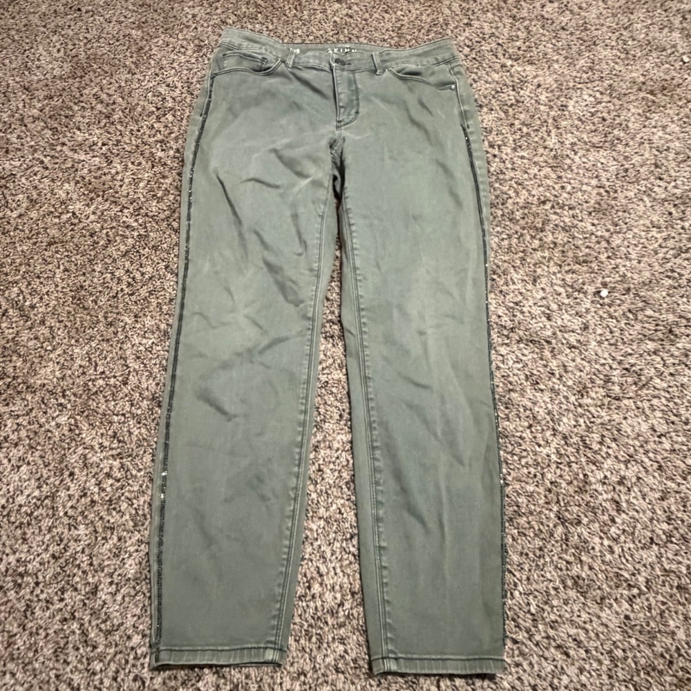 White House Black Market Skinny Crop Pants Olive Green Beaded Side Stripe Sz 8